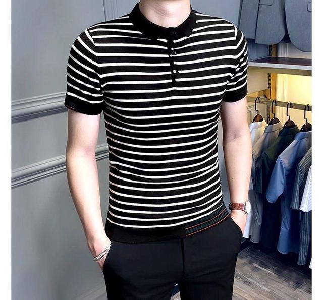 Short-Sleeve Striped Polo Knit Top Product Image