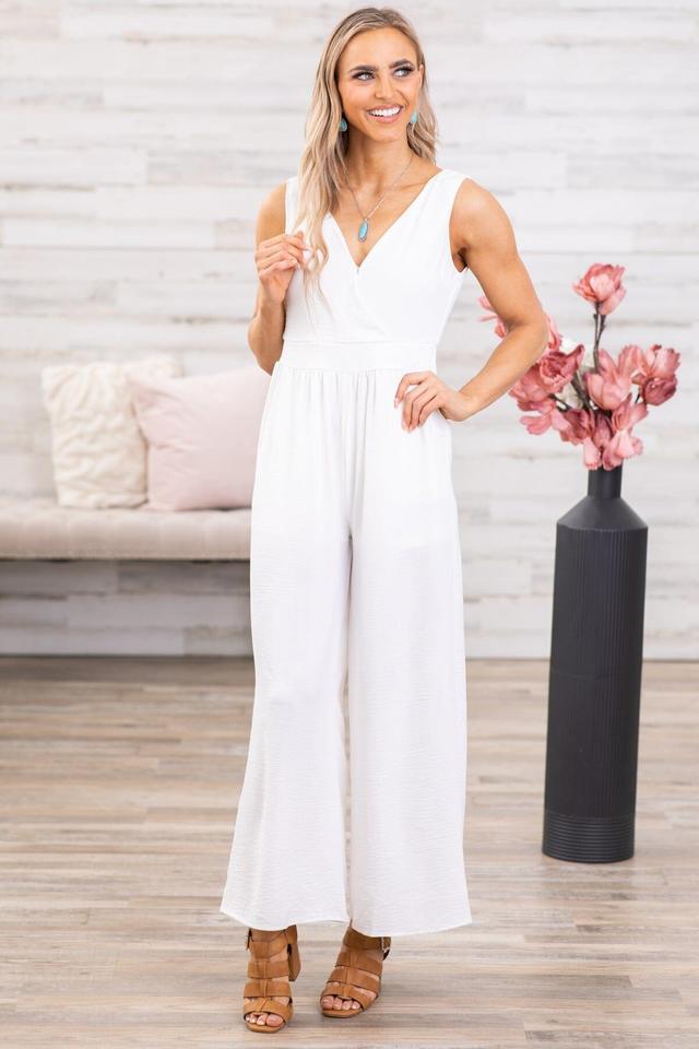 Off White Smocked Waist Double V-Neck Jumpsuit Product Image