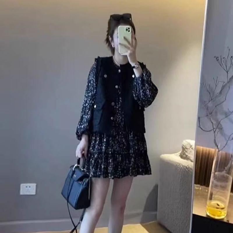 Long-Sleeve Floral Tiered Mini A-Line Dress Product Image