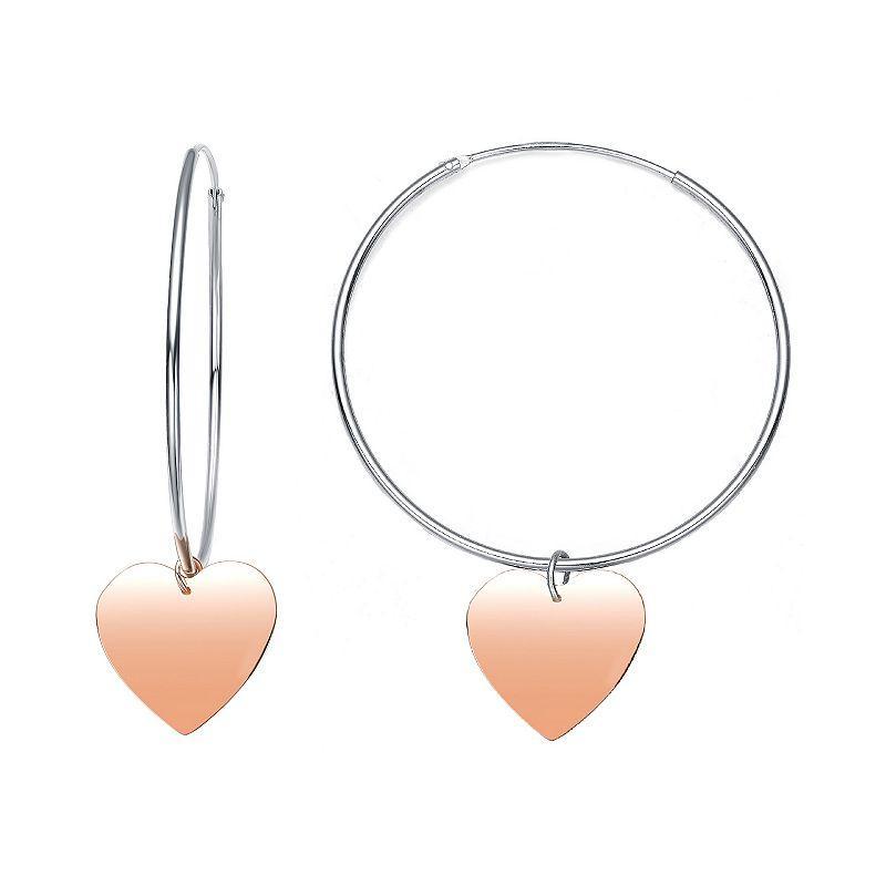 Two Tone Sterling Silver Heart Dangle Hoop Earrings, Womens Product Image