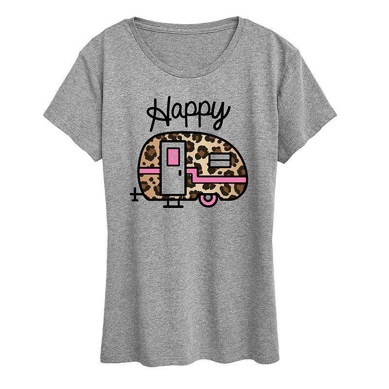 Womens Happy Leopard Print Camper Graphic Tee Grey Gray Product Image