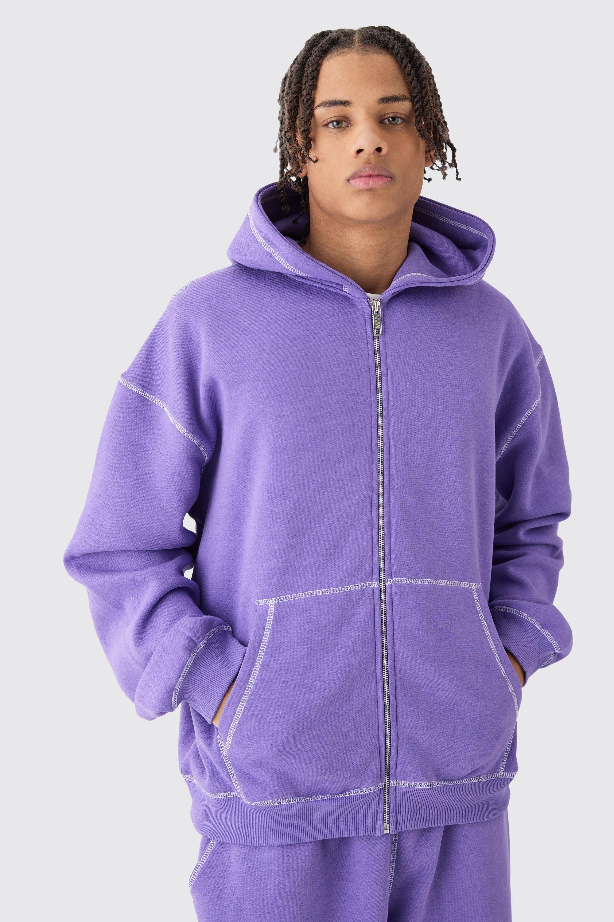 Oversized Contrast Stitch Zip Through Hoodie | boohooMAN USA Product Image