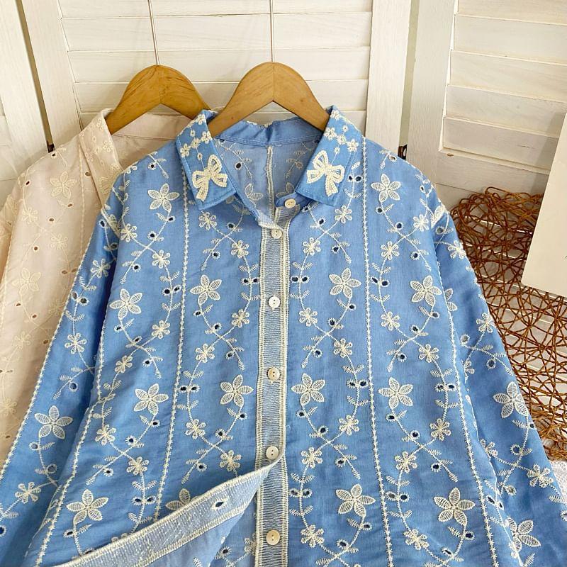 Long-Sleeve Collared Floral Embroidered Eyelet Button-Up Blouse Product Image