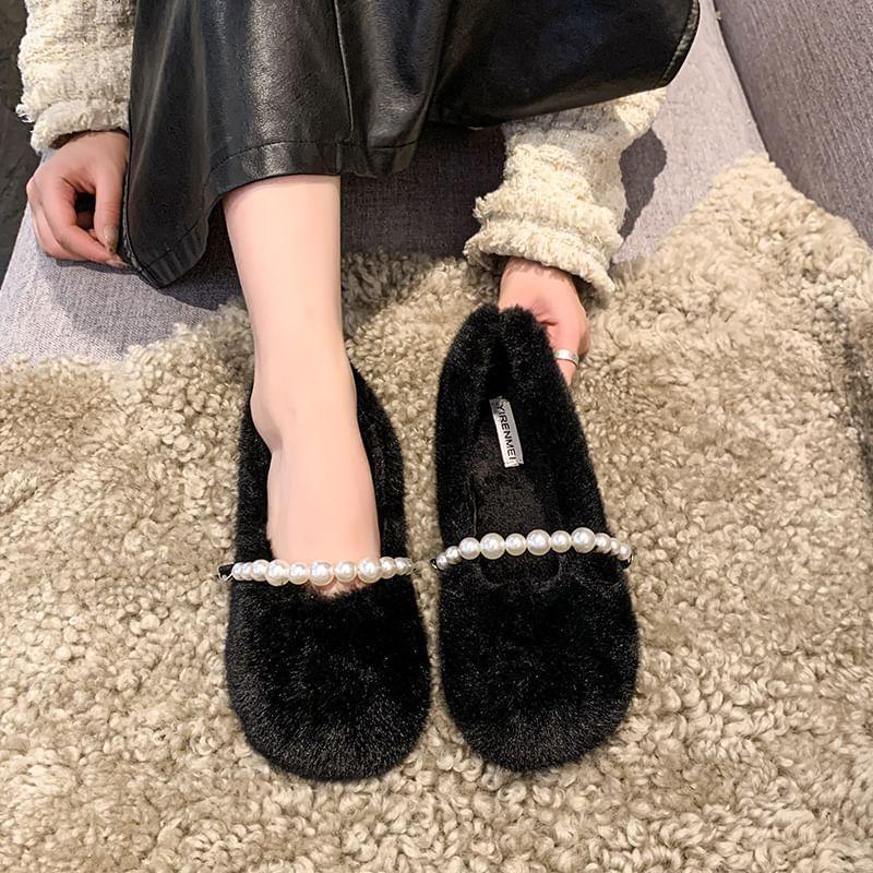 Plain Faux Pearl Fluffy Flats Product Image