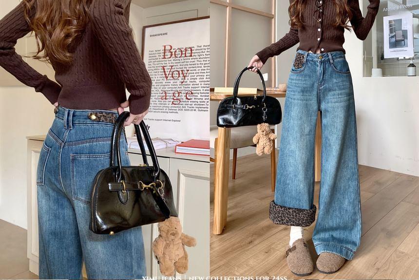 High Rise Leopard Print Panel Fleece-Lined Washed Wide Leg Jeans Product Image