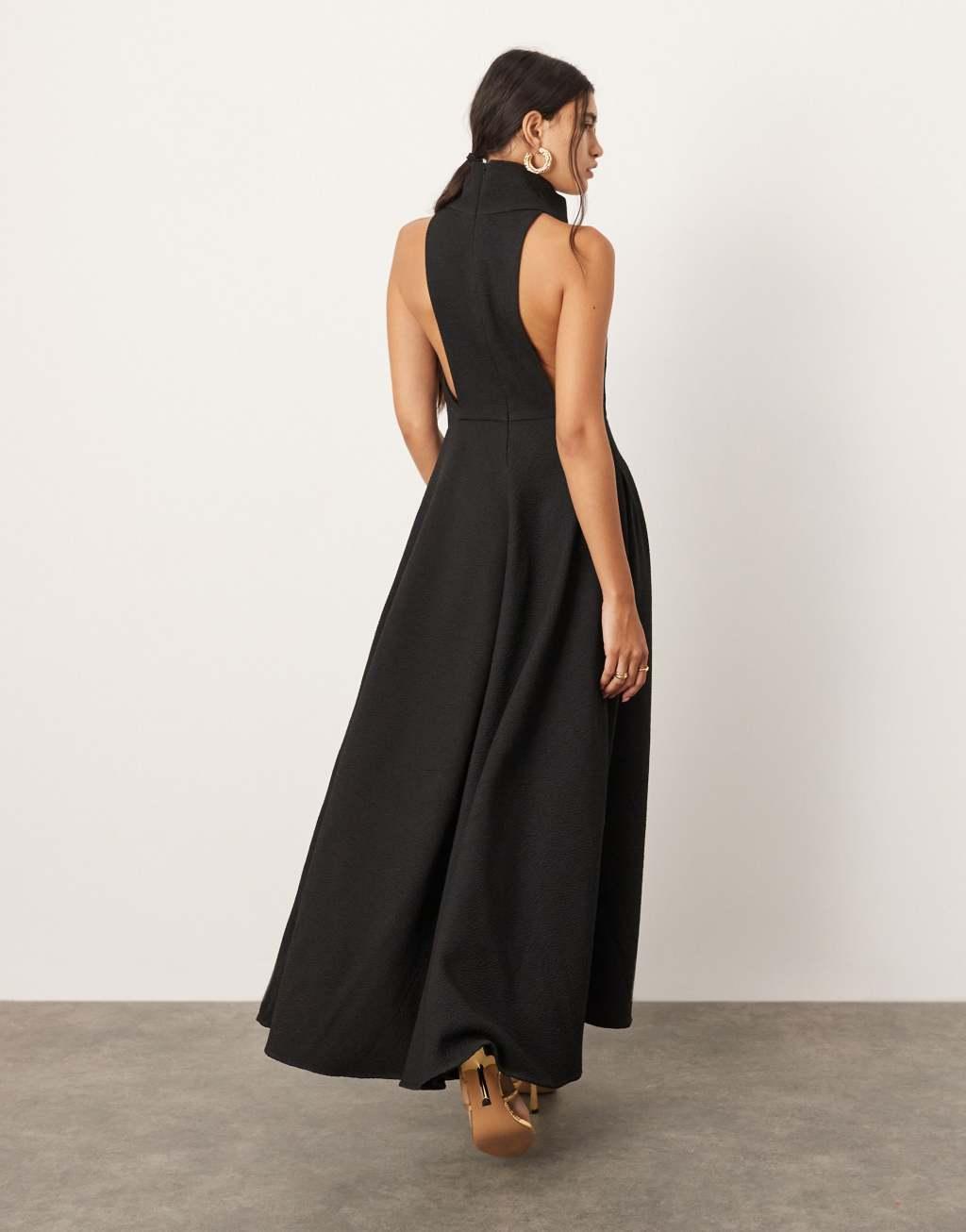 ASOS EDITION textured dramatic halter A-line maxi dress in black Product Image