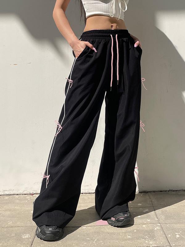 Loose Wide Leg Bowknot Drawstring Elasticity Split-Joint Pants Trousers Product Image