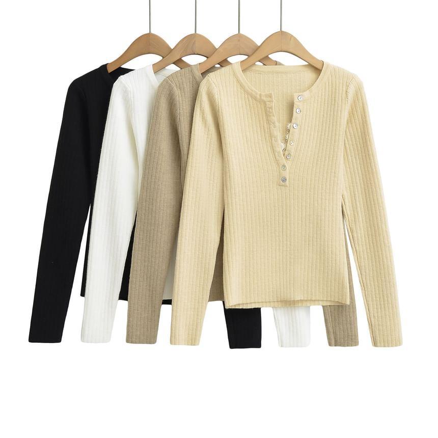 Long-Sleeve Plain Ribbed Henley Knit Top Product Image