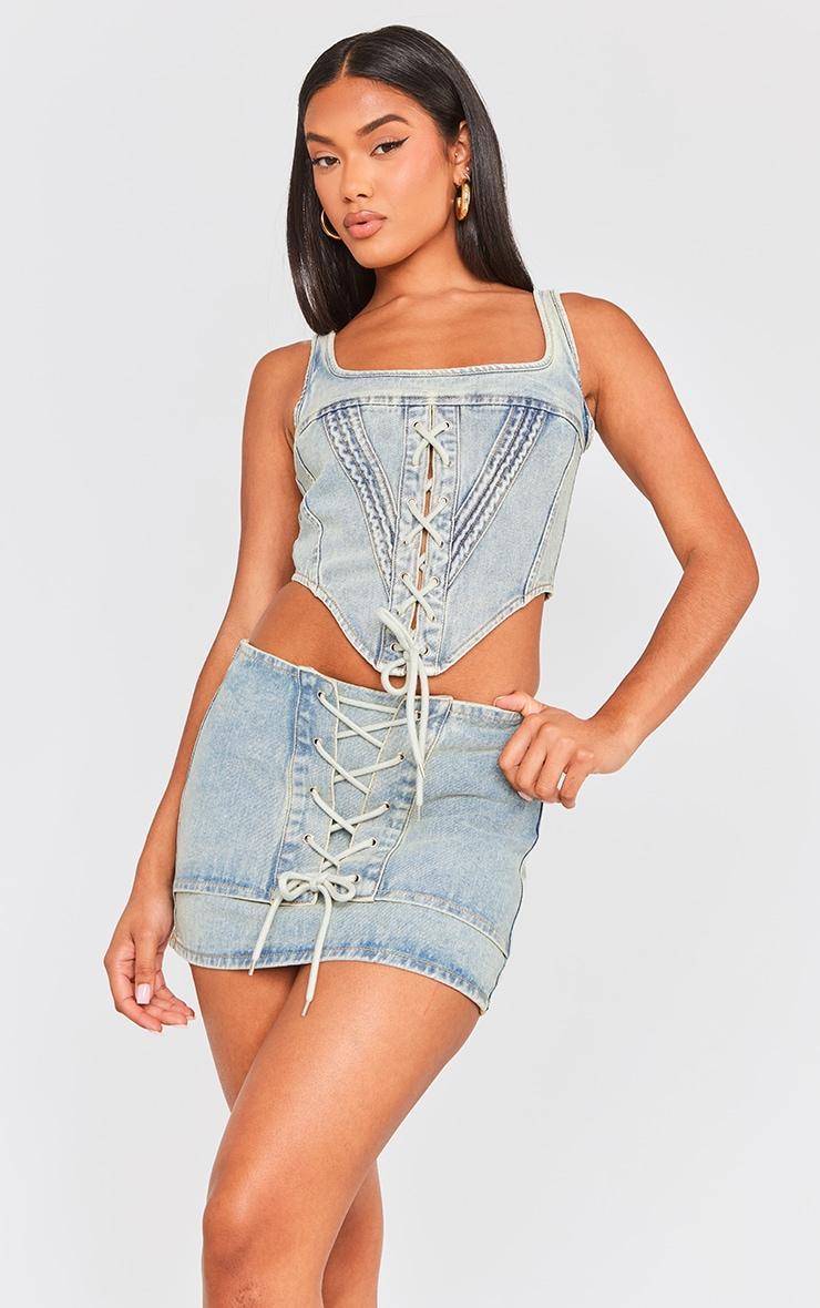 Vintage Mid Wash Lace Front Denim Mini Skirt Product Image