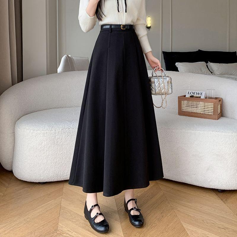 High Waist Plain Midi A-Line Skirt Product Image