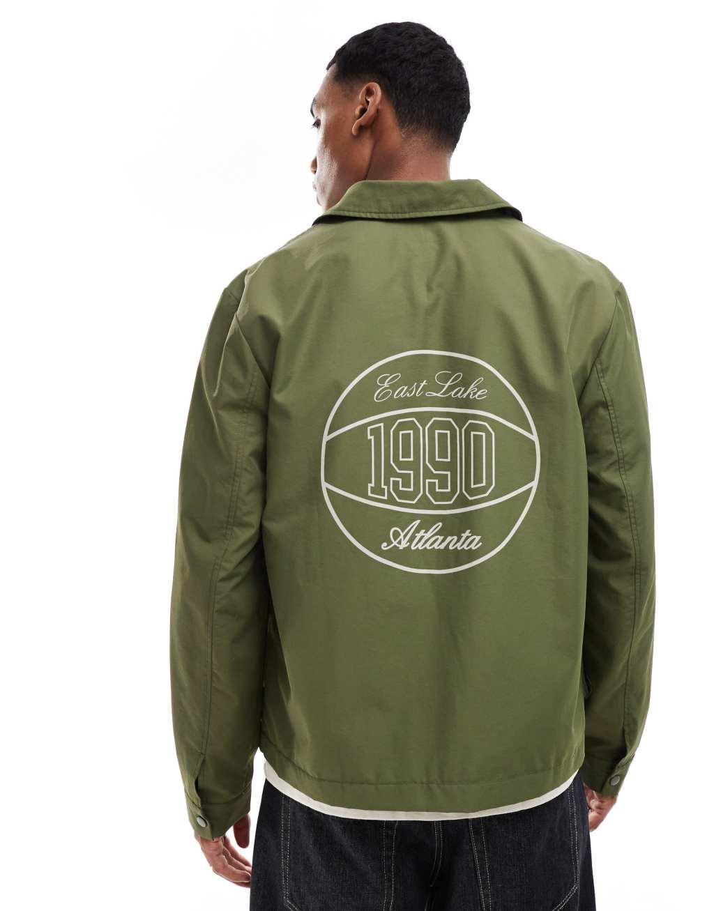 ASOS DESIGN lightweight harrington jacket with back print in green Product Image