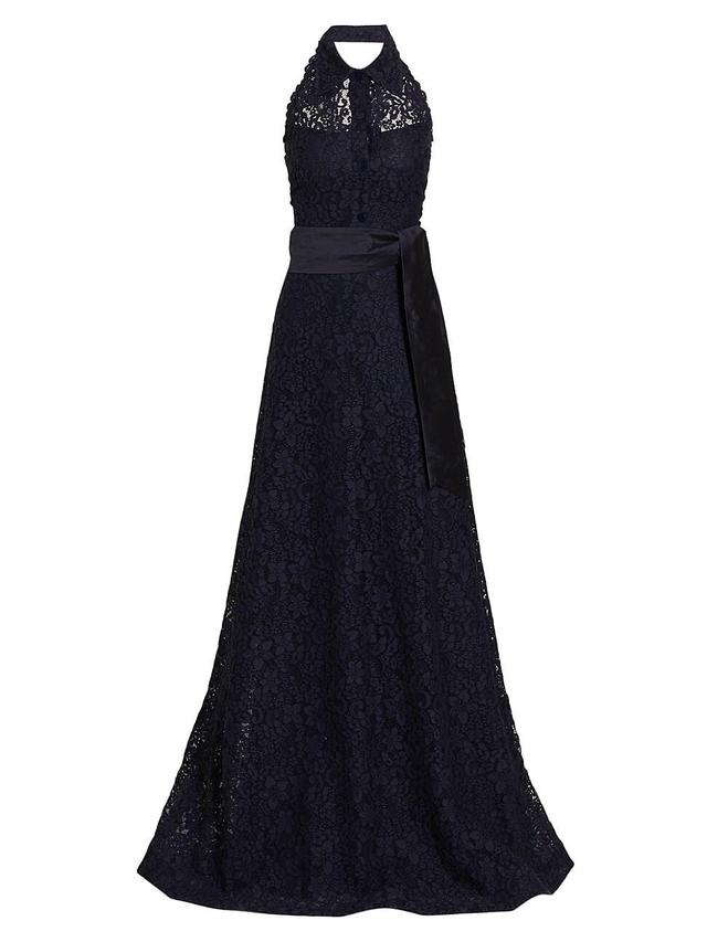 Womens Floral Lace Collared A-Line Gown Product Image