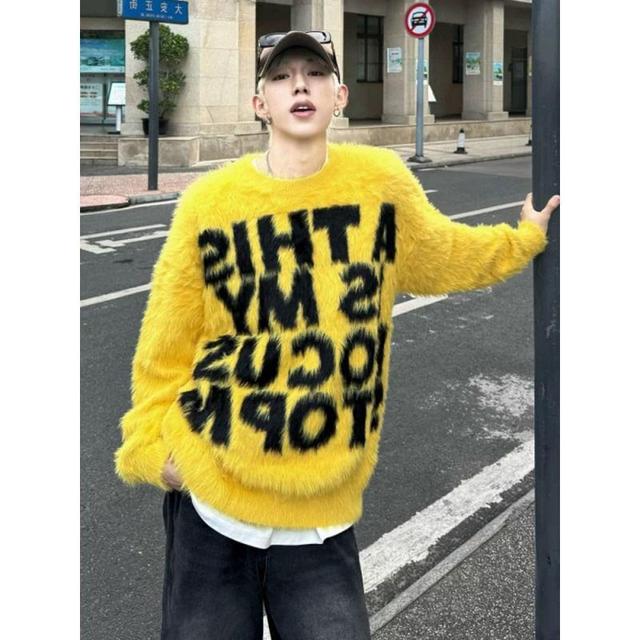 Crew Neck Lettering Print Fluffy Sweater Product Image