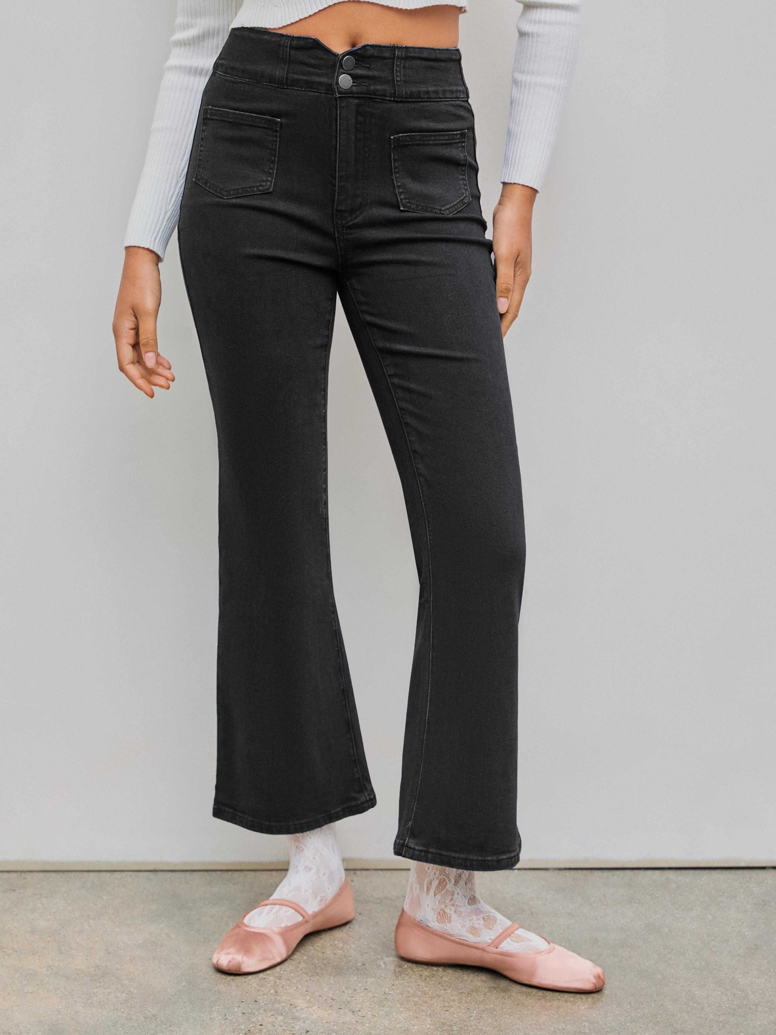 High Waist Solid Button Flared Jeans Product Image