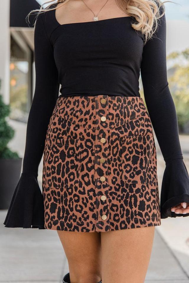 Wild At Heart Brown and Black Leopard Corduroy Skirt Product Image