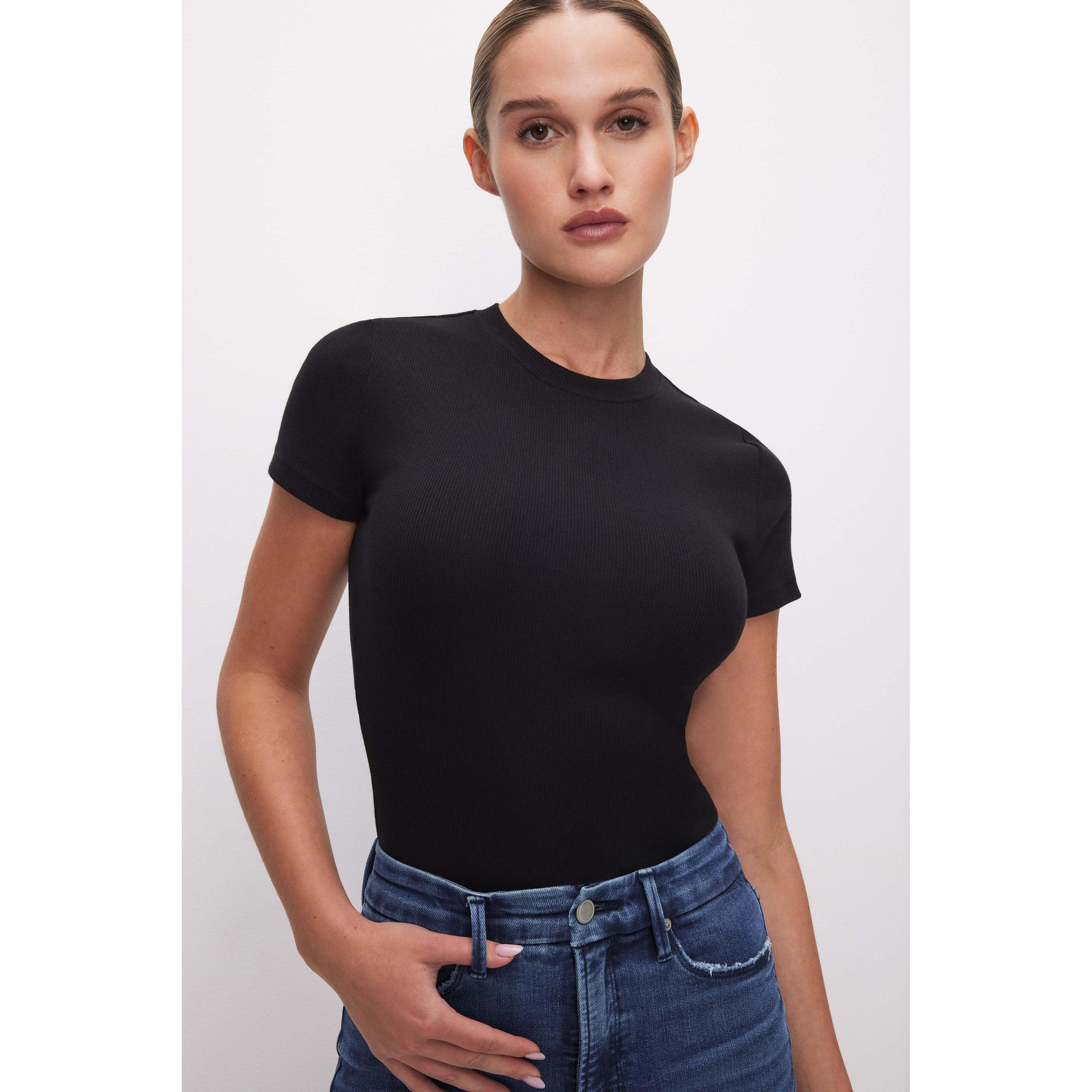 Womens Micro Rib Cotton T-Shirt Bodysuit | Black, Size Large | Good American by Khlo Kardashian Product Image