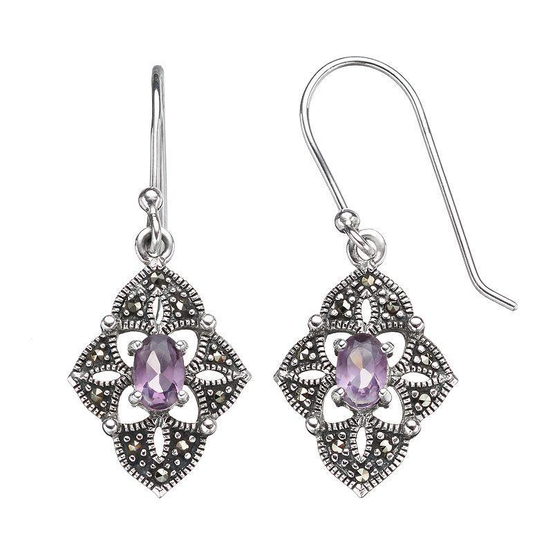 Tori Hill Sterling Silver Marcasite & Amethyst Marquise Earrings, Womens, White Product Image