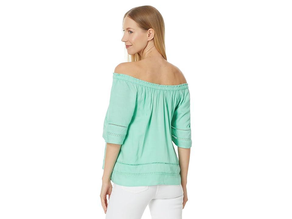 Liverpool Los Angeles Cropped Bell Sleeve Woven Top with Lace Trim (Mint) Women's Clothing Product Image