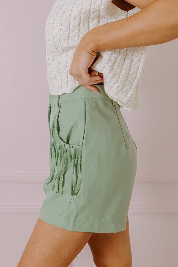 The Queenie High Waist Fringe Shorts in Sea Glass Product Image