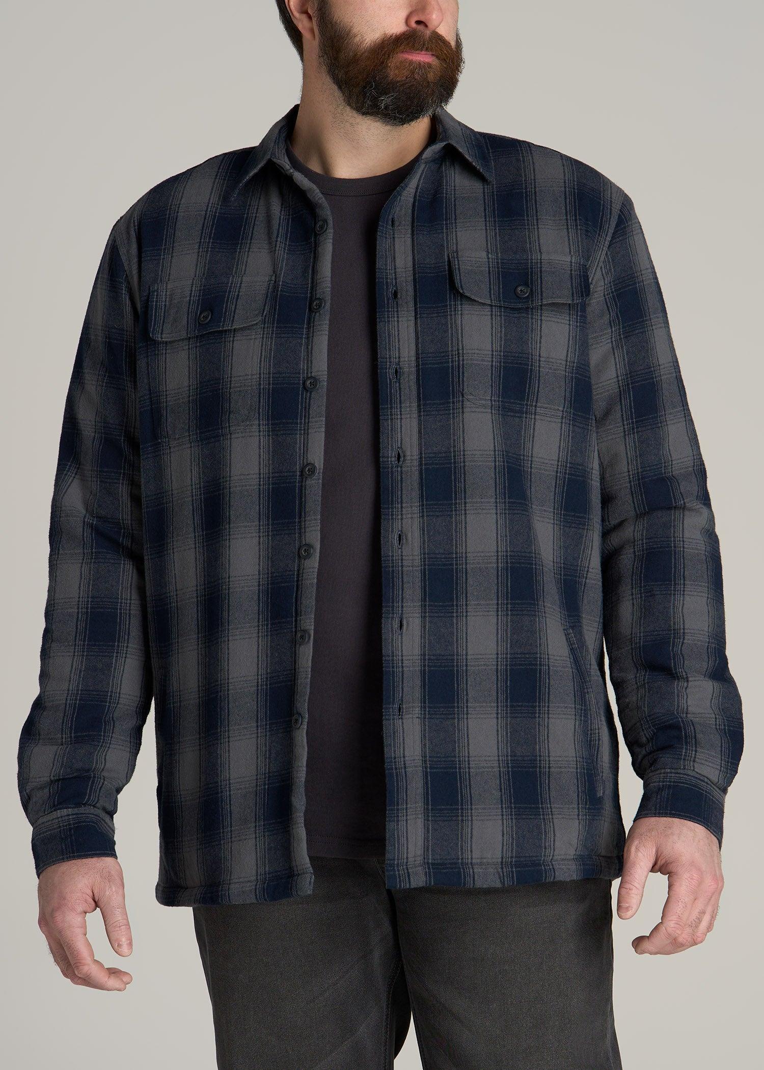 LJ&S Men's Tall Sherpa Lined Shirt Jacket in Midnight Navy & Medium Grey Plaid Male Product Image