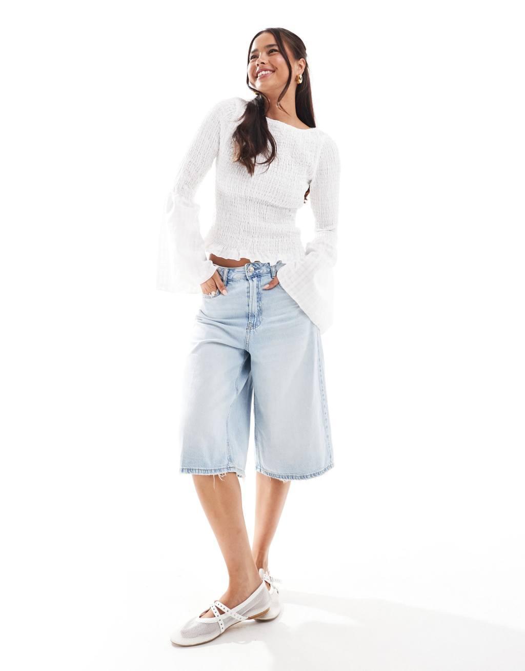 ASOS DESIGN shirred top with angel sleeves in white Product Image