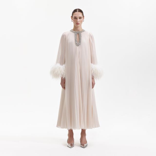 Cream Chiffon Feather Midi Dress Product Image