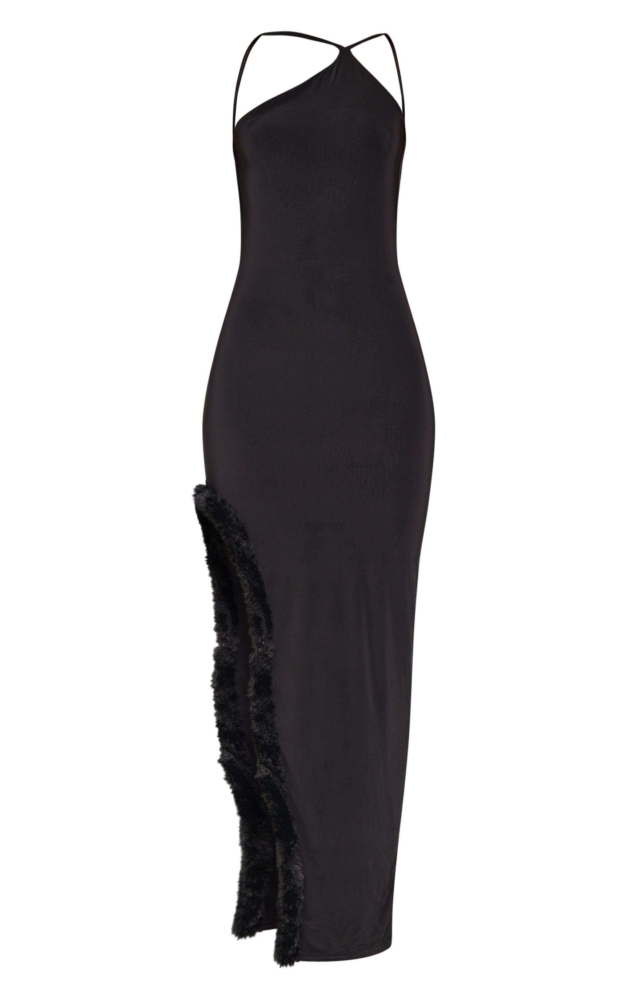 Black Slinky Halter Neck Faux Feather Trim Maxi Dress Product Image