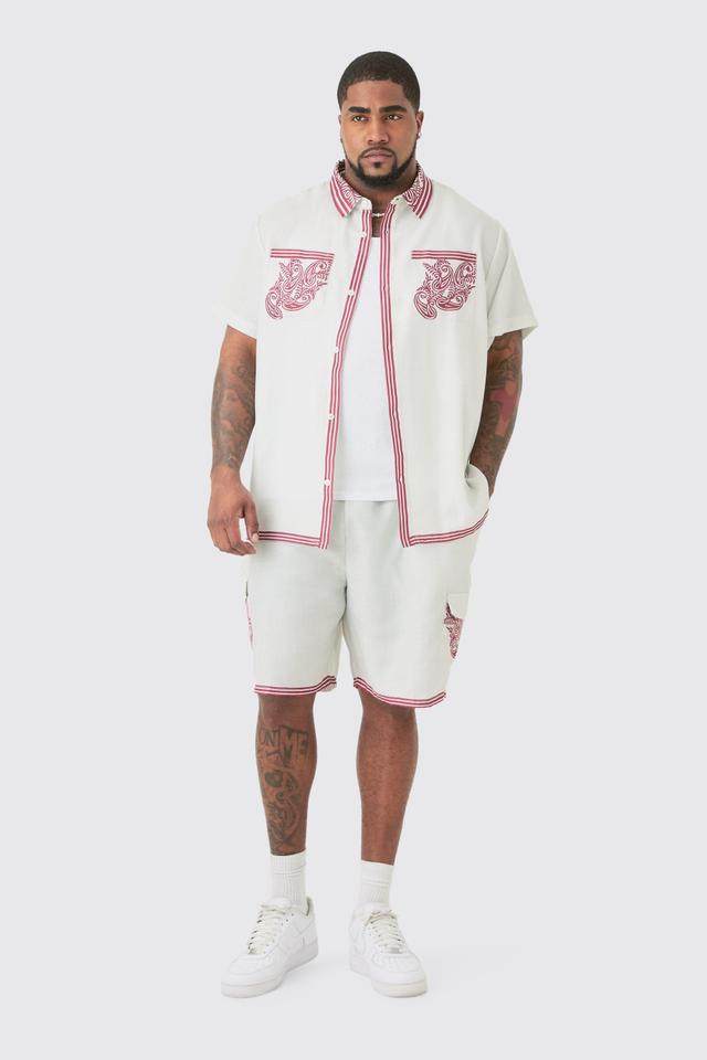 Plus Linen Look Printed Boarder Shirt & Short Set | boohooMAN USA Product Image