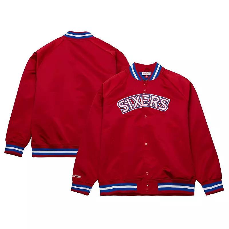 Mens Mitchell & Ness Red Philadelphia 76ers Hardwood Classics Throwback Wordmark Raglan Full-Snap Jacket Product Image