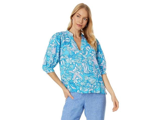 Lilly Pulitzer Mialeigh Elbow Sleeve Linen Top (Amalfi Sound The Sirens) Women's Clothing Product Image