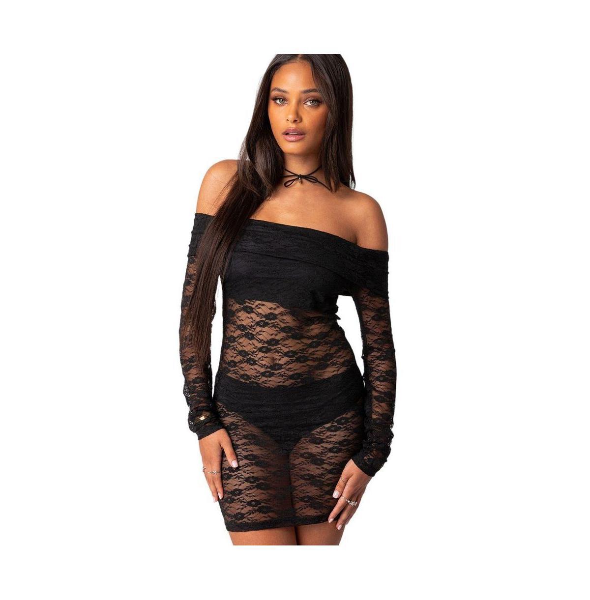 EDIKTED Haller Off the Shoulder Long Sleeve Sheer Lace Minidress Product Image