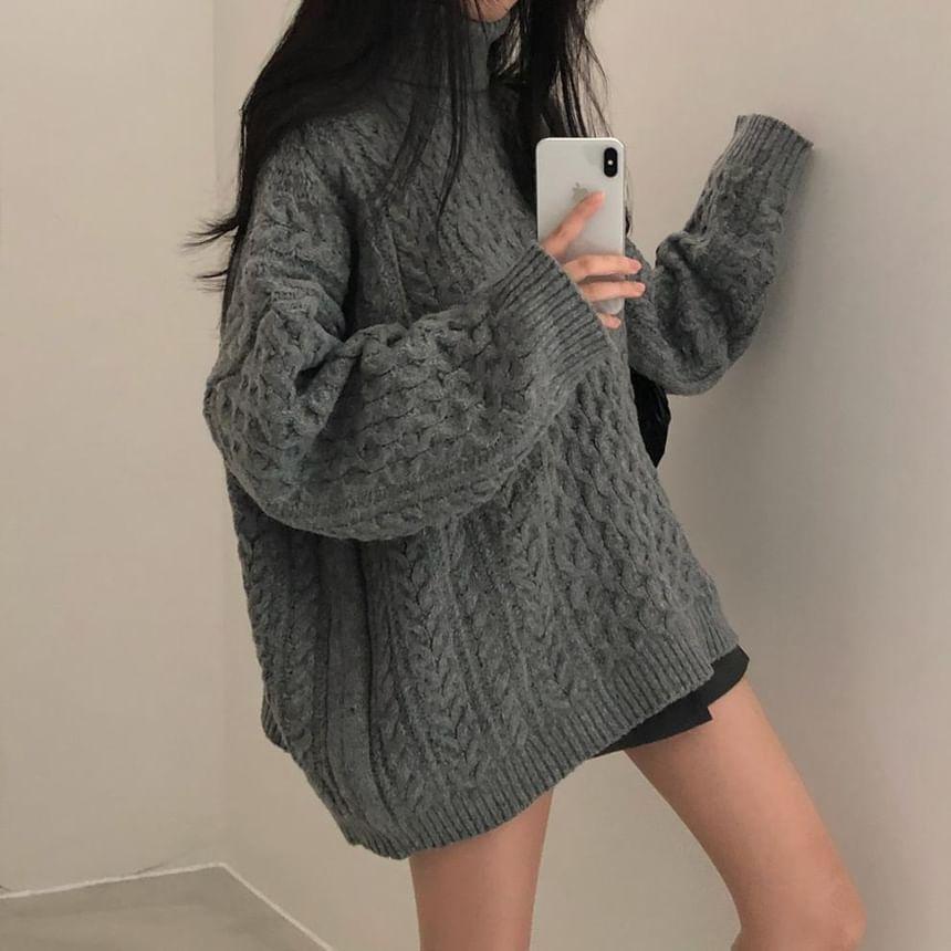 Turtleneck Plain Cable Knitted Oversized Sweater Product Image