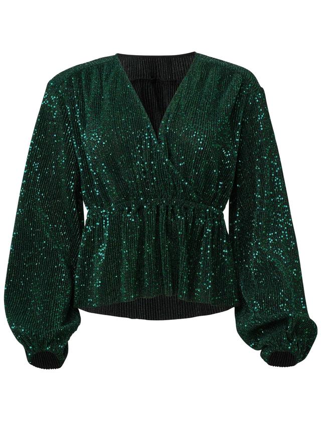 Allover Sequin Wrap Top - Green Product Image