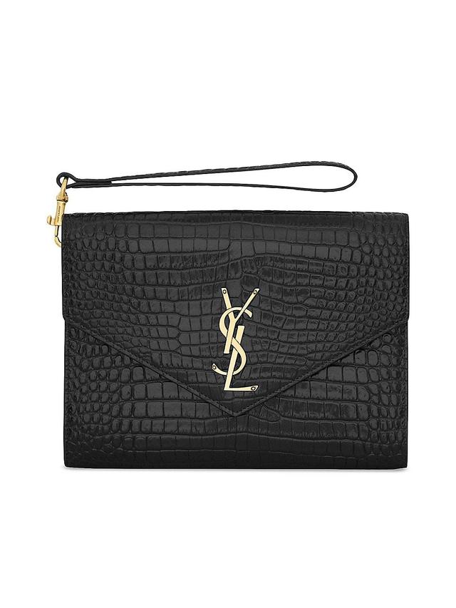 Womens Cassandre Saint Laurent Flap Pouch in Crocodile-Embossed Shiny Leather Product Image