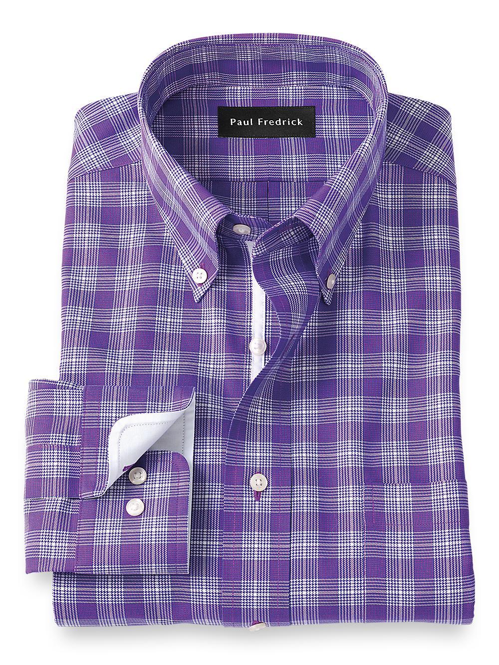 Slim Fit Non-iron Cotton Glen Plaid Dress Shirt With Contrast Trim Product Image