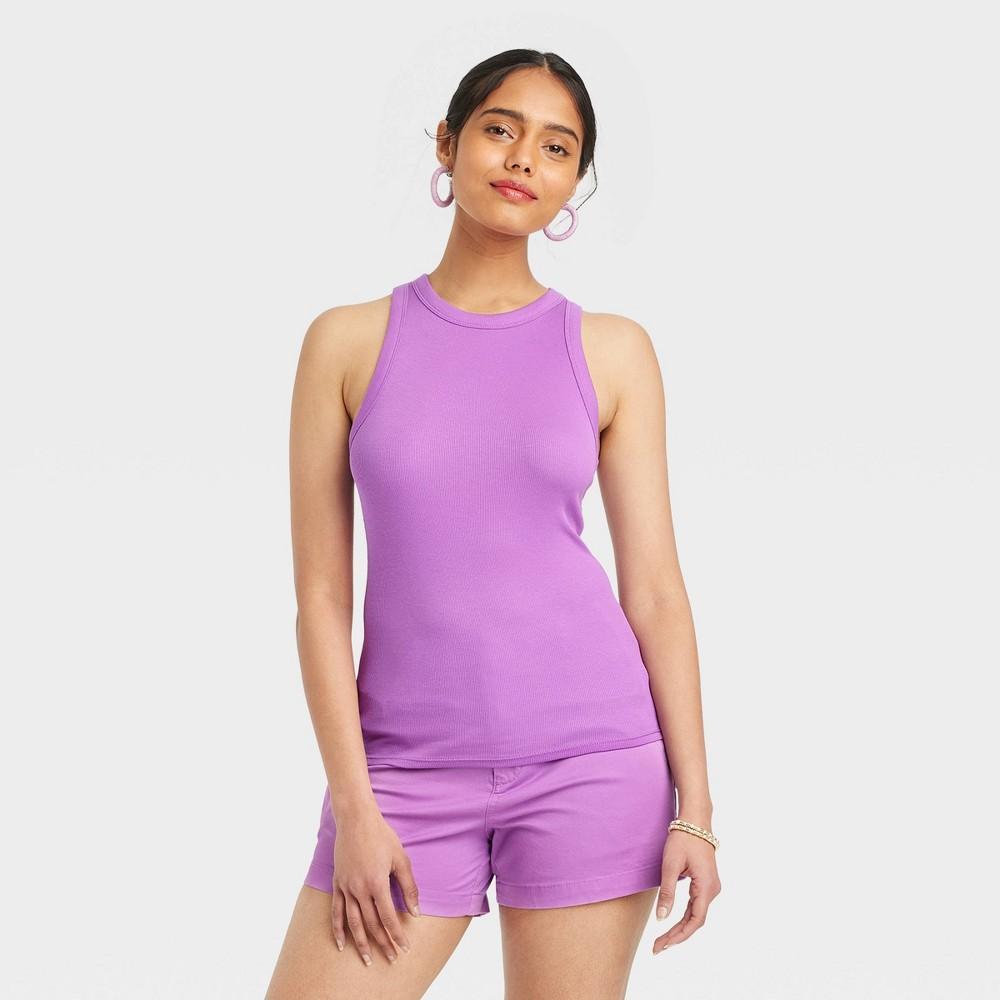 Womens Slim Fit Ribbed High Neck Tank Top - A New Day Purple L Product Image