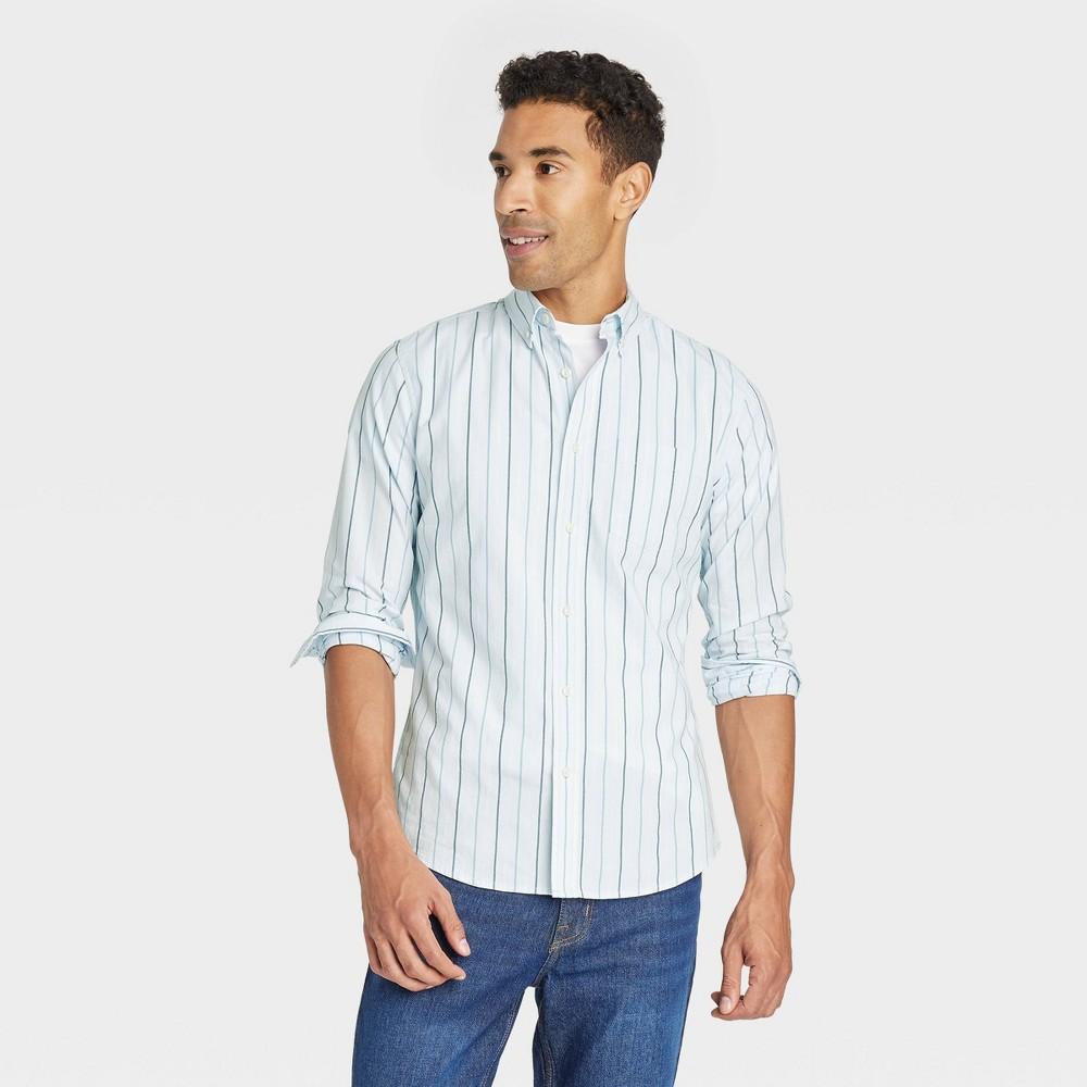 Mens Striped Long Sleeve Slim Fit Button-Down Shirt - Goodfellow & Co Blue L Product Image