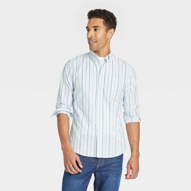 Mens Striped Long Sleeve Slim Fit Button-Down Shirt - Goodfellow & Co Blue XL Product Image