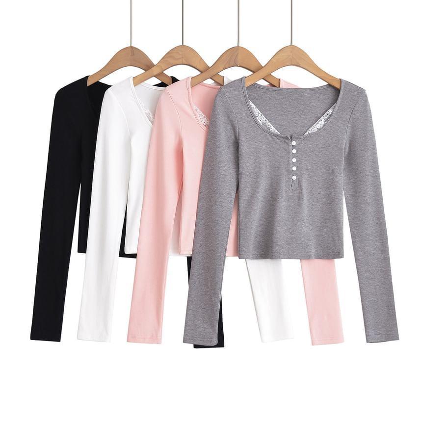 Long-Sleeve Plain Lace Trim Henley Tee Product Image