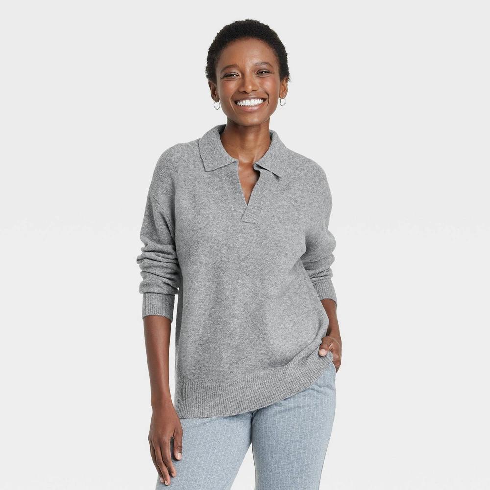 Women's Cozy Knit Polo Collar Pullover Sweater - A New Day™ Gray M Product Image