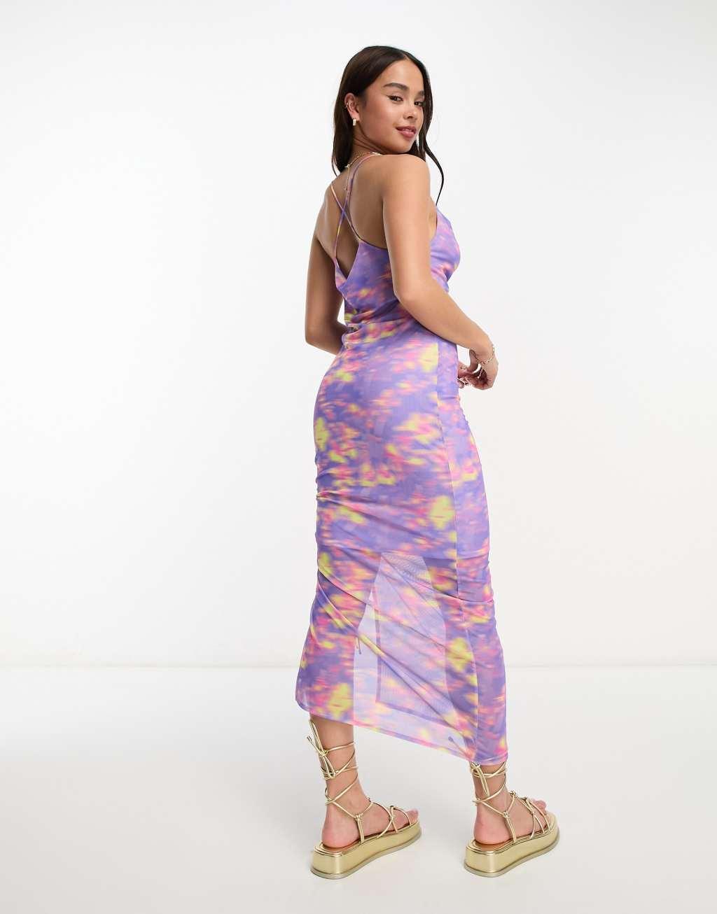 Monki mesh cami gathered midi dress in blurred flower print Product Image