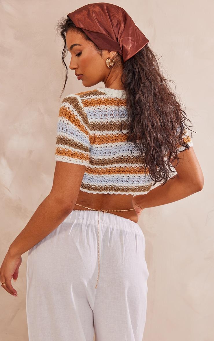 Cream Stripe Open Knit Crop Top Product Image