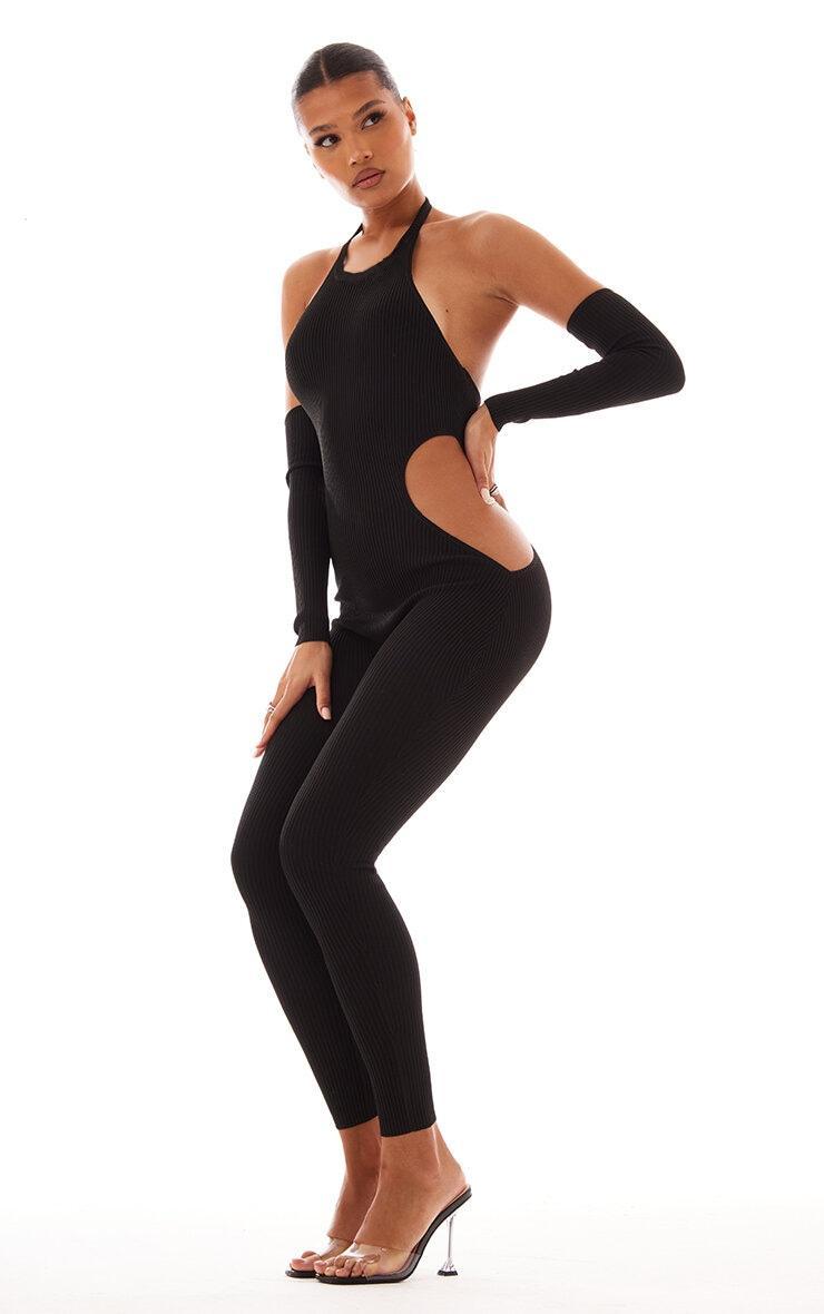 Black Rib Knit Halterneck Cut Out Jumpsuit & Sleeves Product Image