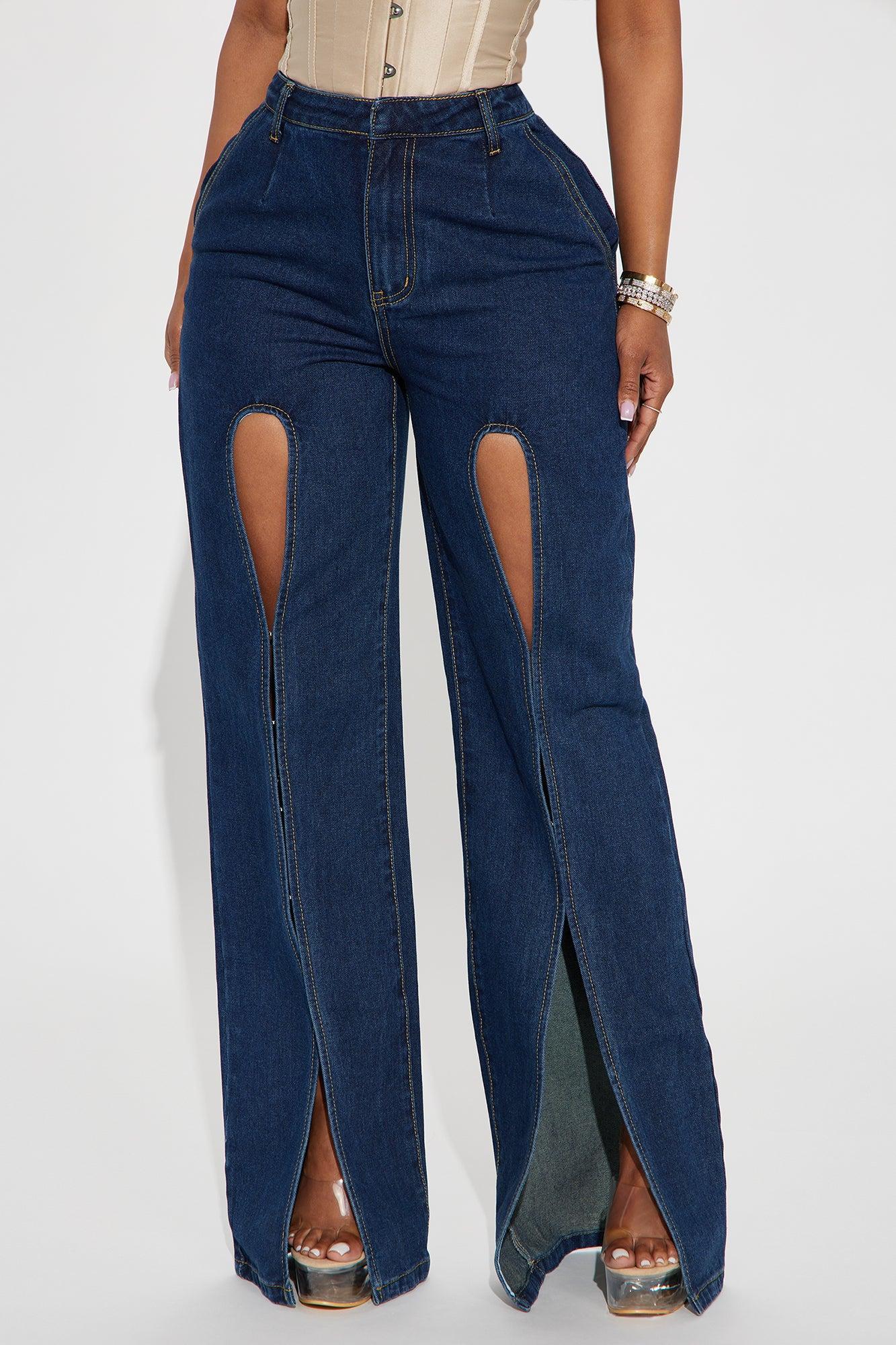 Hooked Non Stretch Slit Hem Straight Leg Jeans - Dark Wash Product Image