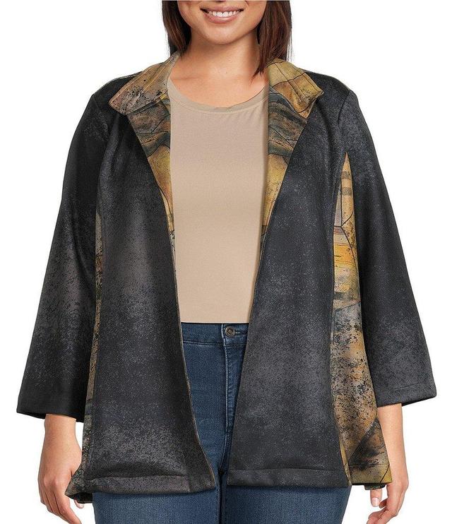 Ali Miles Plus Size Knit Geometric Print Wire Neck Long Sleeve Open-Front Jacket Product Image