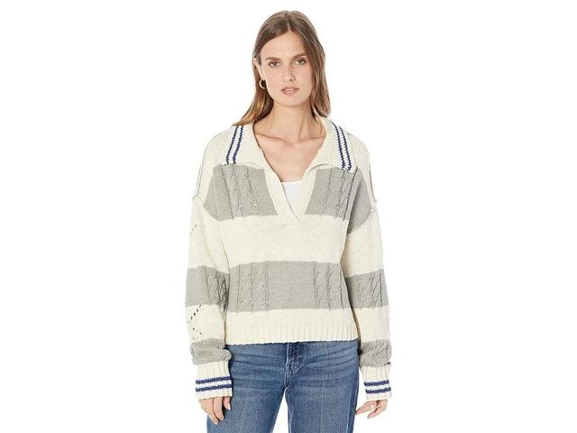 Lucky Brand Cable Stitch Collared Stripe Sweater (Cream Grey Stripe) Women's Clothing Product Image