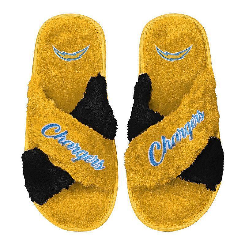 Womens FOCO Los Angeles Chargers Two-Tone Crossover Faux Fur Slide Slippers Product Image