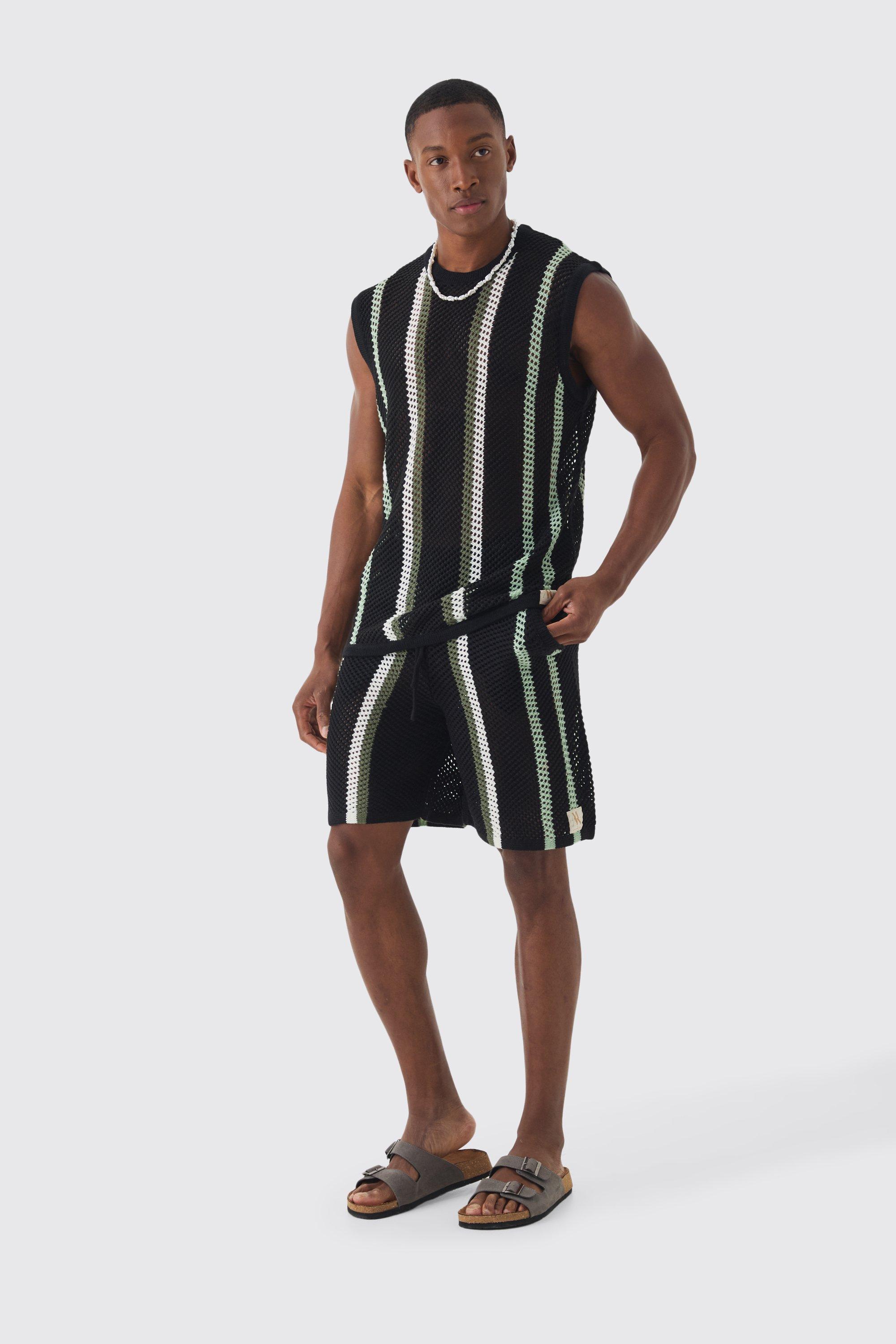 Mens Black Oversized Open Stitch Stripe Knitted vest Set, Black Product Image