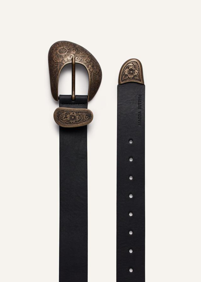 Bronze asymmetrical buckle belt in black leather Product Image