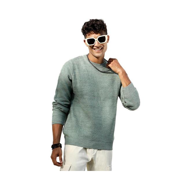 Campus Sutra Mens Sage Green Textured Knit Pullover Sweater Product Image